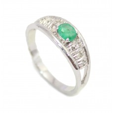 Sterling Silver 925 Ring Natural Green Emerald Stone Diamond Women Handmade A466